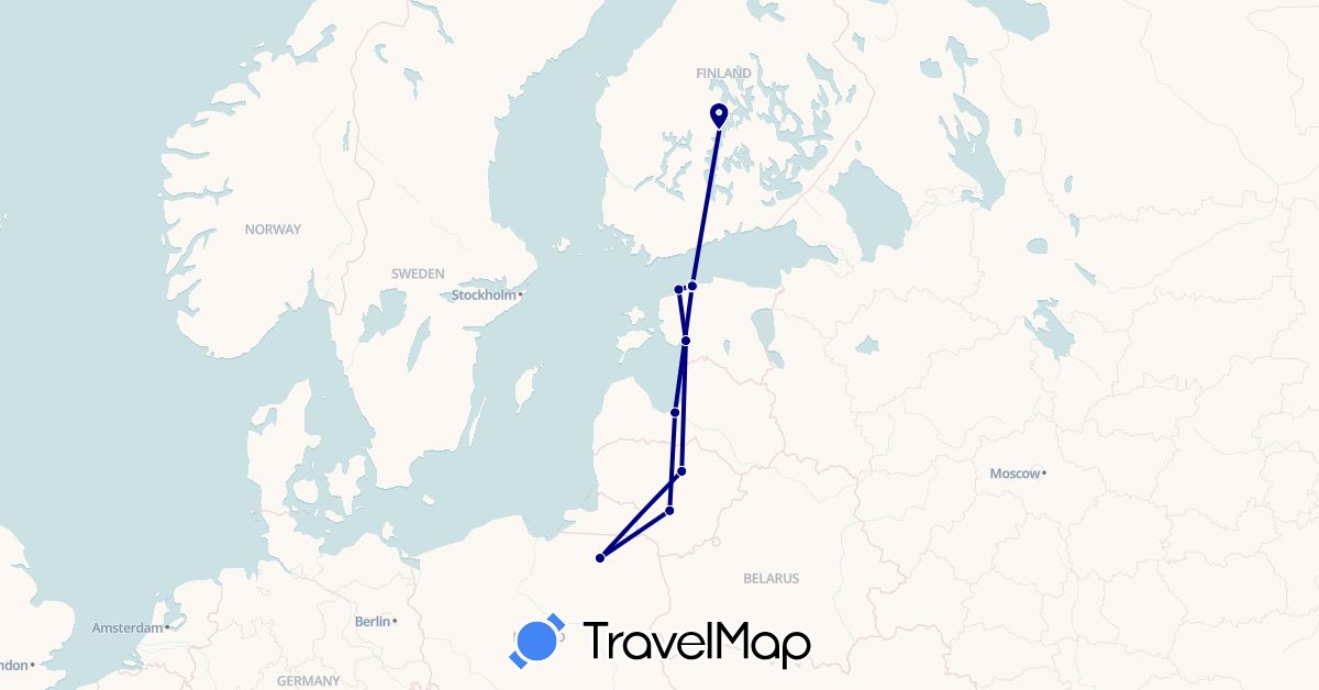 TravelMap itinerary: driving in Estonia, Finland, Lithuania, Latvia, Poland (Europe)